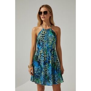 Nicole Miller Size 12 Blue Floral Halter Neck Mini Dress Summer Vacation